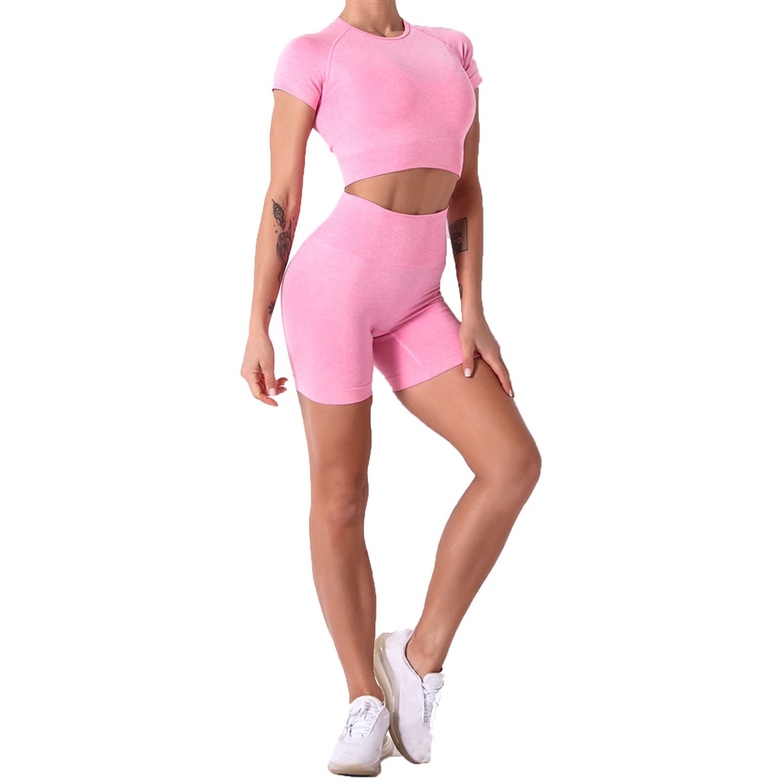 Conjunto de Ropa Fitness Deportiva para Mujer, Trajes de verano para mujer Trajes de 2 piezas Cuello redondo de manga corta Cultivo de manga corta Top altas Cintura inconsútil Yoga Shorts Leggings Ent