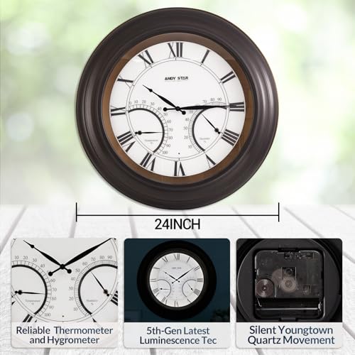 ANDY STAR 24 Inch Outdoor Clocks Waterproof,Large Outdoor Wall Clocks for Patio with Thermometer, Weatherproof Illuminated Clock Battery Operated with Thermometer&Hygrometer,Oil Rubbed Bronze Black - Image 6