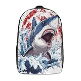 KWFYBEHZ Japanese Olas Mochila Niña Chicos Mochila Escolar Niña Mochilas Dibujos animados Tiburón Escolares Adolescentes Mochila Escolar Adolescente Mochila Infantil 17inch