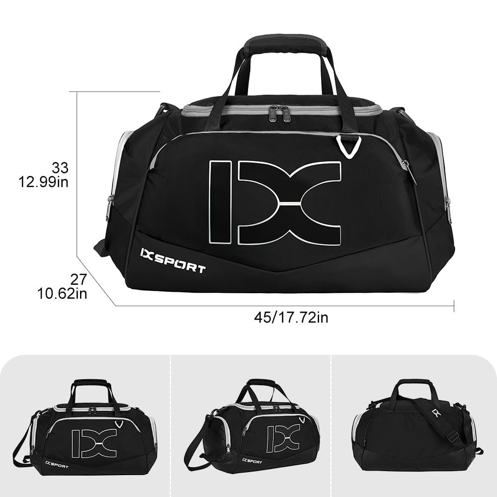 INOXTO Borsone da viaggio sportivo pieghevole grande con tasche asciutte e bagnate e scomparto per scarpe, uomo e donna, borsone da campeggio notturno per il fine settimana (Nero con bianco)