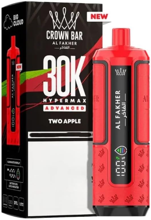 CROWN BAR 30 K, Reusable Device, Rechargeable, LED Display, Refillable, Mash Coil, 30-K Hypermax Puffs (Two Aple)