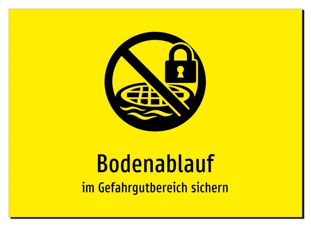 36331-DE-S-06 | Bodenablauf - im Gefahrgutbereich sichern | Aluminiumschild A5, 210 x 148mm | mit Symbolgrafik und Text