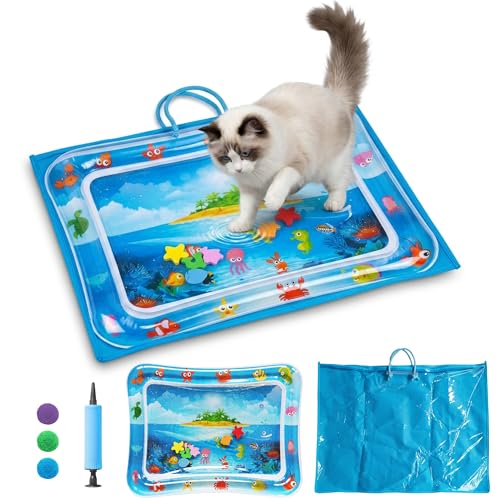 Cat Water Mat with Protective Bag Scratch Resistant Thickened PVC Water Play Mat Summer Cooling Interactive Water Filled Mat Portable Foldable Paw Proof Cat Toy Mat for Indoor Outdoor (A)