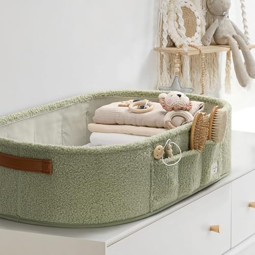 Image of PeraBella Baby Changing Basket for Dresser Top, Baby Moses Basket for Newborn, Portable Diaper Changing Pad Table Topper for Dresser, Includes Diaper Caddy Organizer with Handle, Moses Bassinet Mat