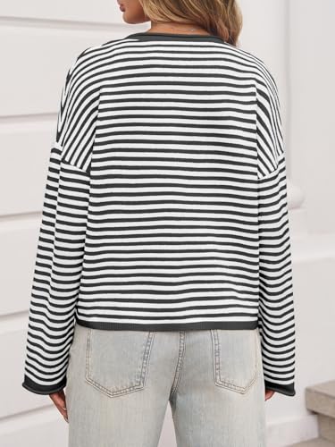 Image of Saodimallsu Womens Striped Cardigan Casual Long Sleeve Open Front Button Down Loose Knit Lightweight Fall Sweaters