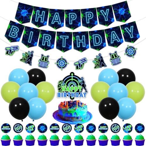 Fangleland Laser Tag Blue Birthday Decorations for Boys and Girls, Neon Themed Shooting Game Banner Garland Cake Toppers and Balloons Bday Party Supplies