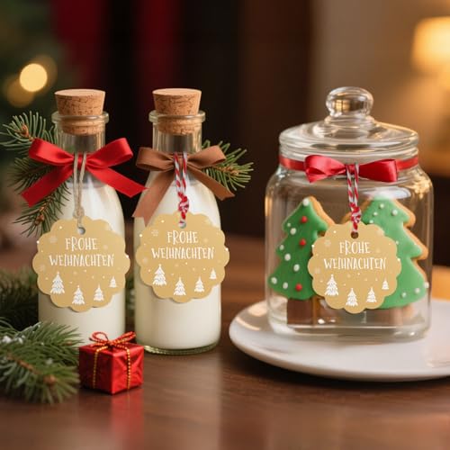 jijAcraft Frohe Weihnachten Geschenkanhänger Rund: 6cm Kraftpapier Weihnachtsanhänger 100 Stück Frohe Weihnachten Papieretiketten Tags mit Schnur zum Adventskalende DIY Weihnachtsbaum