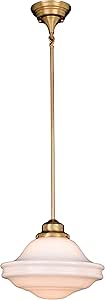 VAXCEL Huntley 12 inch Adjustable Semi-Flush Ceiling Pendant Light, Farmhouse Schoolhouse Style, Natural Brass Finish, White Milk Glass, Dimmable E26 Bulb Compatible, Damp Rated