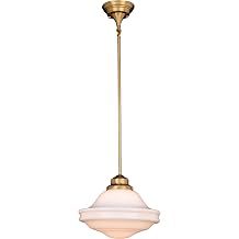 VAXCEL Huntley 12 inch Adjustable Semi-Flush Ceiling Pendant Light, Farmhouse Schoolhouse Style, Natural Brass Finish, White Milk Glass, Dimmable E26 Bulb Compatible, Damp Rated