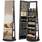 SONGMICS 6 LEDs Lockable Mirror Jewelry Cabinet, 360° Swivel Jewelry Organizer Armoire Standing, Frameless Full-Length Mirror, 3 Storage Shelves, Black Surface, Black Lining UJJC007B01