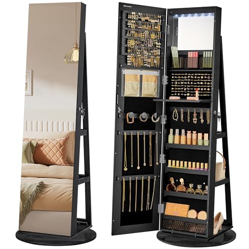 SONGMICS 6 LEDs Lockable Mirror Jewelry Cabinet, 360° Swivel Jewelry Organizer Armoire Standing, Frameless Full-Length Mirror, 3 Storage Shelves, Black Surface, Black Lining UJJC007B01