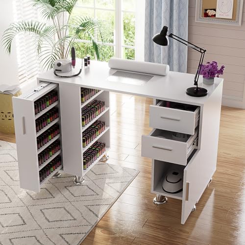 Manicure Table, Nail Tech Desk with Dust Collector, Acetone Resistant Nail Table Station with 4 Dust...