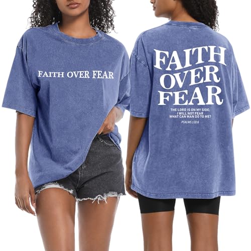 Wrenpies Faith Over Fear Christian Shirts for Women Oversized Jesus God Bible Verse Religious Tees Acid Wash Tshirts Tops (Blue,S)