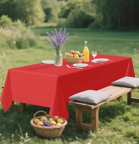 Image of SietDESEO 2 Pack Red Plastic Tablecloth Rectangle 54 x 108 Premium Disposable Table Cloth Plastic Red Table Cover for Wedding Baby Shower Party Decorations