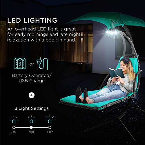 Best Choice Products Hanging Led-Lit Curved Chaise Lounge Chair Swing For Backyard, Patio, Lawn W/ 3 Light Settings, Weather-Resistant Pillow, Removable Canopy Shade, Steel Stand - Teal #TOP1