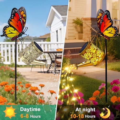 yeuago Solar Lights Outdoor Decorative, Watering Can with Cascading LED Lights on Butterfly Shepherd's Hook, Solar Garden Stake Decor for Yard, for Women Mom by yeuago - Used condition - Image 5