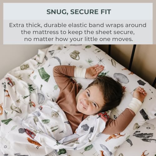 Image of Pobibaby Premium Twin Full Sheets Sets, Kids Double Bed Sheets in Cotton Blend | Ultra-Soft Woodland Camping Print with Fitted Sheet, Flat Sheet & Pillowcases (Full Explore)
