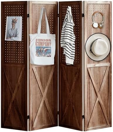 4 Panel Wooden Room Divider With Pegboard – Folding Privacy Screen For Bedroom, Office, Shop