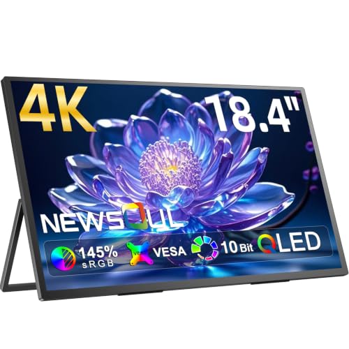 Newsoul Portable Monitor 4K QLED 18.4 Laptop Monitor 3840×2160 UHD | 145% sRGB | 2000:1 | Built-in Adjustable Stand Speakers VESA USB-C Mini HDMI Travel Screen for Host PC Phone Game Console