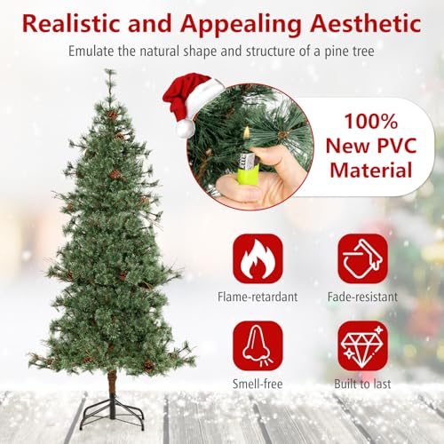 Image of Goplus 6 FT Pre-Lit Artificial Christmas Tree, Cashmere Xmas Tree with 370 Pine Needles, 200 Warm White LED Lights with Bulb Cover, Natural Pine Cones, Foldable Metal Stand, Home Office Decoration