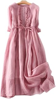 Ladies Dresses,Ladies Cotton Linen Dress Summer Short Sleeve Dress Round Neck Button Ruffle Dress Tie Waist Boho for Party Banquet Beach Holiday