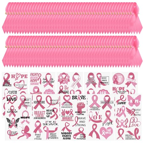 WANDIC Pink Ribbon Awareness Kit, 100PCS Ribbon Pins 10 Sheets