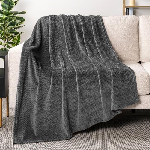 PAVILIA Soft Fleece Dark Grey Throw Blanket for Couch, Lightweight Plush Warm Blankets for Bed, Fuzzy Cozy Flannel Blanket Throw for Sofa, Travel, Jacquard Pattern, Charcoal Gray, 50x60 inch