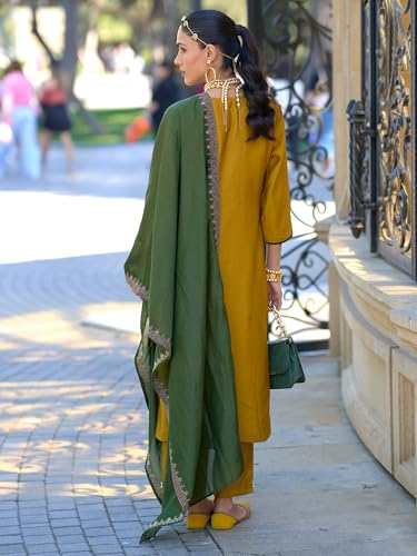 Image of INDO ERA Women's Silk Blend Embroidered Straight Kurta and Pant with Dupatta Set (KH9BK6210)