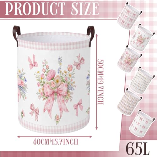 Image of Fourluoo 6 Pack Pink Bow Fabric Storage Basket Waterproof Laundry Hamper with Handles Flower Round Storage Bin for Clothes Foldable Organizer for Bedroom Nursery Bathroom