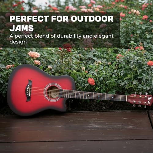 Image of Revel 38 Inches Cutaway Design Acoustic Guitar with Carry bag and Plectrums. Great tone and Beginner /Learners standard size configuration for all age groups (Red)