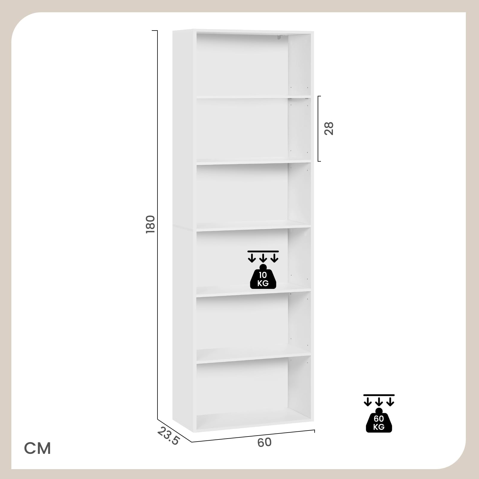 WOLTU Libreria, scaffale con 6 ripiani regolabili, scaffale aperto, divisorio in piedi, per soggiorno, ufficio, camera da letto, 60 x 180 x 23,5 cm, bianco, SK052ws