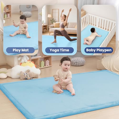 Image of Baby Play Mat for Floor,1.3 inch Thick Memory Foam Tummy Time Mat,Soft Coral Velvet Nursery Rug,Extra Large Non Slip Crawling Mats for Living Room (Light Blue)