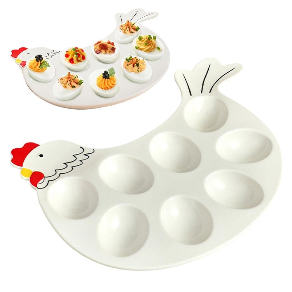 KKwercv Ceramic Deviled Egg Platter Holder for Easter,Hen Modelling 8-Cup Egg Dish, Easter Egg Tray,Egg Serving Tray Deviled Egg Plate for Kitchen Refrigerator Countertop Display