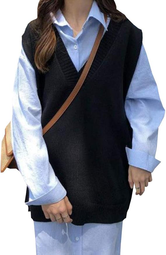 Amazon Yuyo レディース ニット ベスト 通学 ゆったり 無地 Vネック ニットセーター ノースリーブ 通勤 ベスト チョッキ 制服 学院風 秋 冬 トップス おしゃれ 可愛い 大きいサイズ 韓国ファッション ベスト 通販