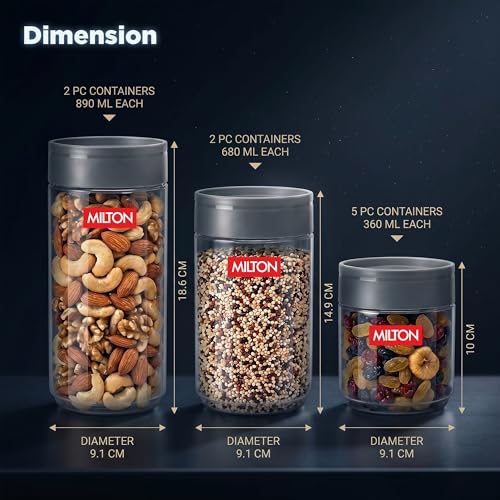 Image of MILTON Stack IT Airtight Kitchen Jars Set of 9 I Food Grade Plastic Kitchen Storage and Containers I Transparent, Stackable & Unbreakable I (5 x 360ml; 2 x 680ml; 2 x 890ml) I Grey