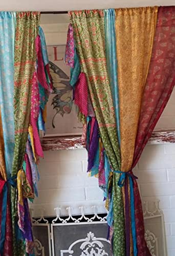 Yille Handmade Silk Sari Curtain Panels, 2 PCS Recycled Indian