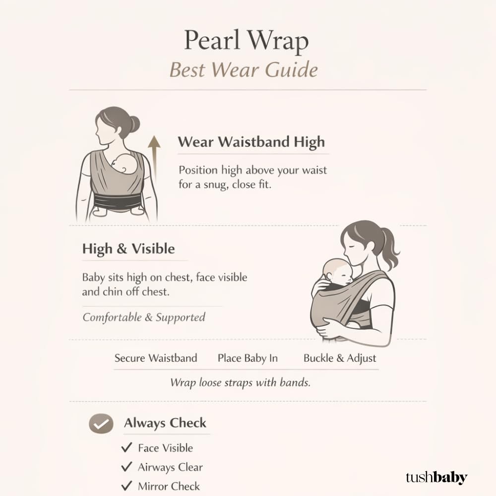 Tushbaby Pearl Wrap Porte-bébé ergonomique pour nouveau-nés de 3,6 à 9,1 kg, porte-bébé mains libres avec rangement, porte-biberon et fixation de lingette – Tissu doux, respirant et ajustement