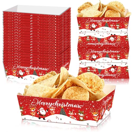 XLTEAM Lot de 20 Plateaux Jetables en Papier Alimentaire pour Noël - Plateaux à Snacks et Friandises pour Fêtes de Noël, 16.5 x 7.5 x 4 cm