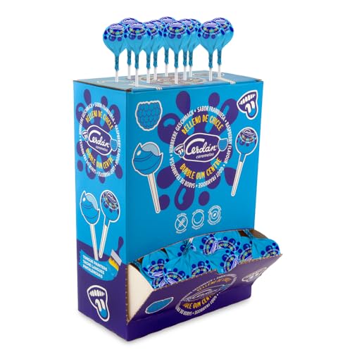 Caramelos Cerdán - Chupa Gigante Relleno de Chicle | Sabor Frambuesa Pintalenguas Azul | 100 Uds | Caramelo Duro con Palo sin Gluten ni Alérgenos | Ideal para Fiestas, San Valentín y Cumpleaños