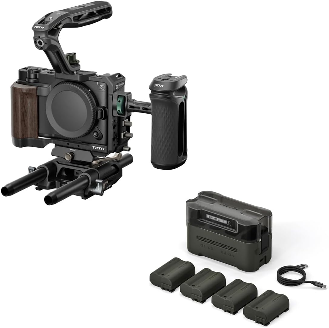 Tilta Camera Cage Pro Kit Compatible with Nikon ZR | 3/8”-16 and 1/4”-20 Accessory Mounts with Locating Points + EN-EL15 Battery Charging Kit with 4 USB-C Rechargeable Batteries