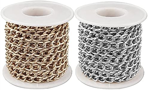 2 Rolls Aluminium Curb Chains Link Gold Silver Unwelded Twist Links Cross Cable Chain with Spool for Jewelry Necklace Bracelet Making, Total 32.8FT