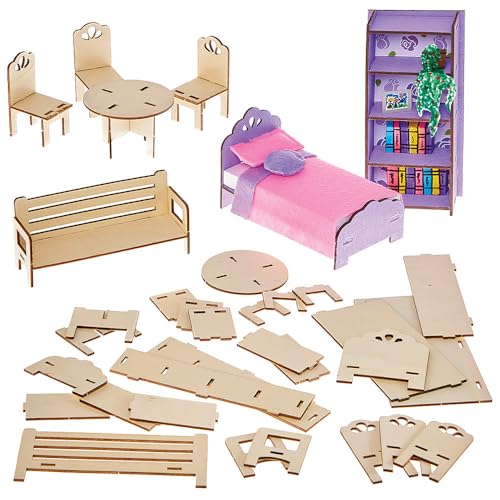 Baker Ross FN272 Construisez vos propres meubles de maison de poupée - Lot de 7 pièces, kit de maison de poupée pour enfants, mini kit de meubles