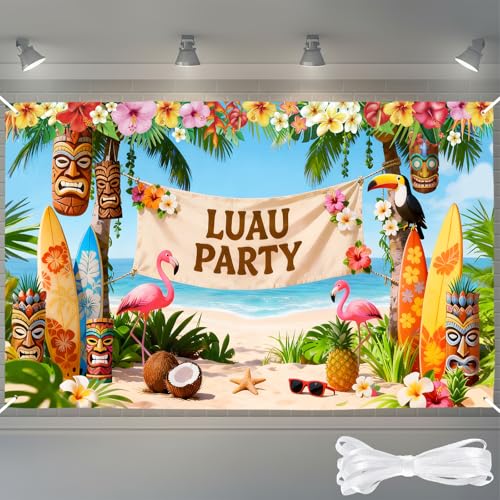 Moukeren Hawaiian Luau Party Decoration Extra Large Summer Luau Beach Banner Backdrop Background Photography for Birthday Musical Party Tropical Tiki Themed Decoration 72.8 x 43.3 Inch