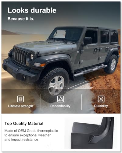 Image of Kiwi Master Mud Flaps for 2018-2026 Jeep Wrangler JL (Not Fits Willys /Rubicon /4xe), OEM Replacement # 82215333 82215332AB, Heavy Duty Mud Guards, Front & Rear Splash Guards, 4 Pcs Set
