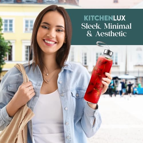 Kitchen Lux 16 Ounce Glass Water Bottles, Reusable Water Bottles with Airtight, Pack of 6, Stainless Steel Lids Carrying Strap And Nylon Water Bottle Protective Sleeves for Hot Or Cold Drinks by Kitchen Lux - Used condition - Image 7
