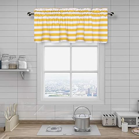 Amzdecor Yellow and White Stripe Café Window Valances Kitchen Curtain Drapes Cover