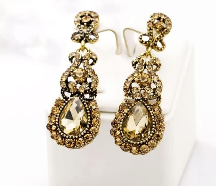 Antique Gold Vintage Retro Deco Victorian Style Champagne Amber Yellow Topaz Citrine Rhinestone Statement Earrings - Image 2