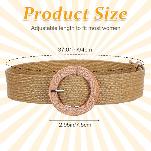 Straw Woven Belts for Women Elastic Stretch Rattan Buckle Waist Belts Fashion Boho Ladies Braided Skinny Dress Belt Wide Skinny Raffia Dress Waist Band with Round Buckle 37 × 3‘2