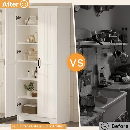 Decofy 70\" Tall Storage Cabinet, Large Wood Storage Pantry Cabinet with 6 Adjustable Shelves & 2 Doors, Standing Utility Storage Cabinets for Kitchen, Bathroom, Dining Room (Soft White) - Thumbnail 7