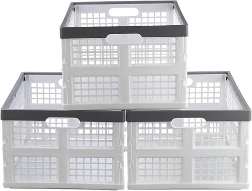 Cesta plegable de 30 L, juego de 3 cajas apilables de plástico para almacenamiento (blanco)